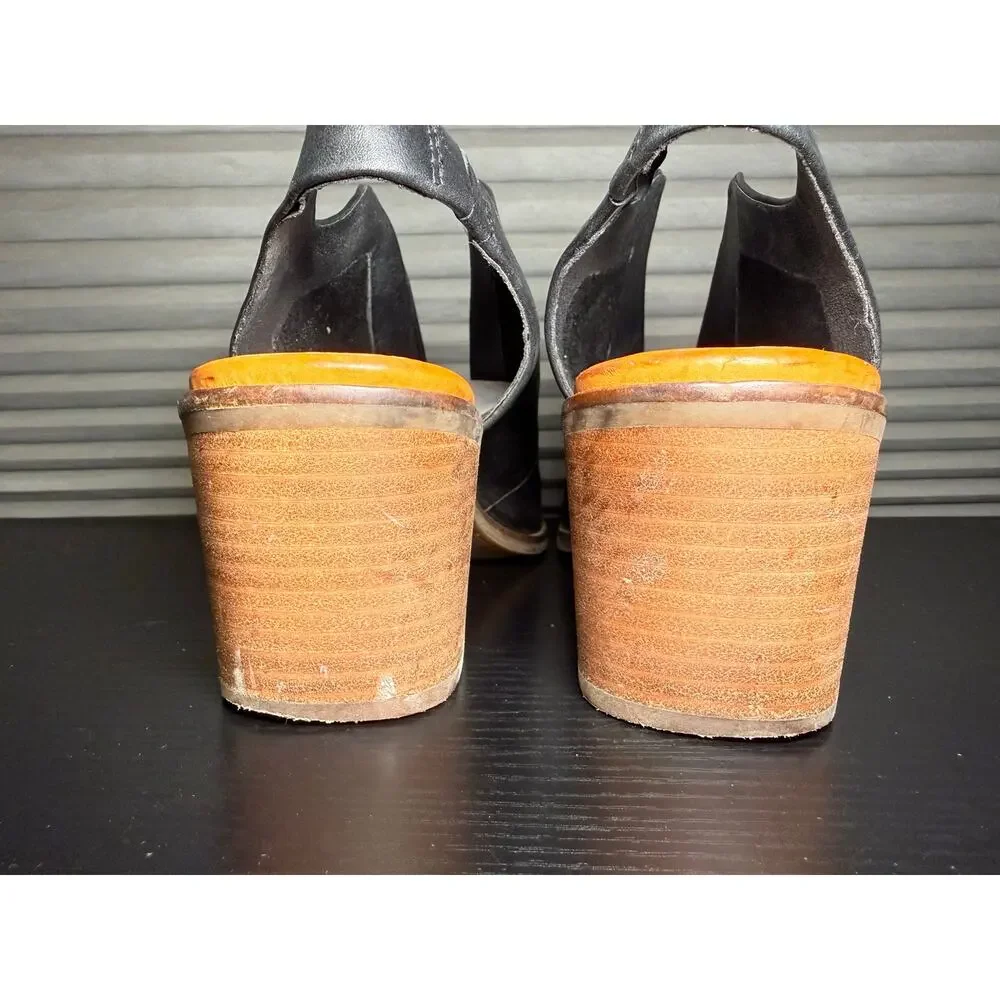 Lucky Brand Leather Mule Heels Womens Size 8 Black Peep Toe Block Heel Slingback